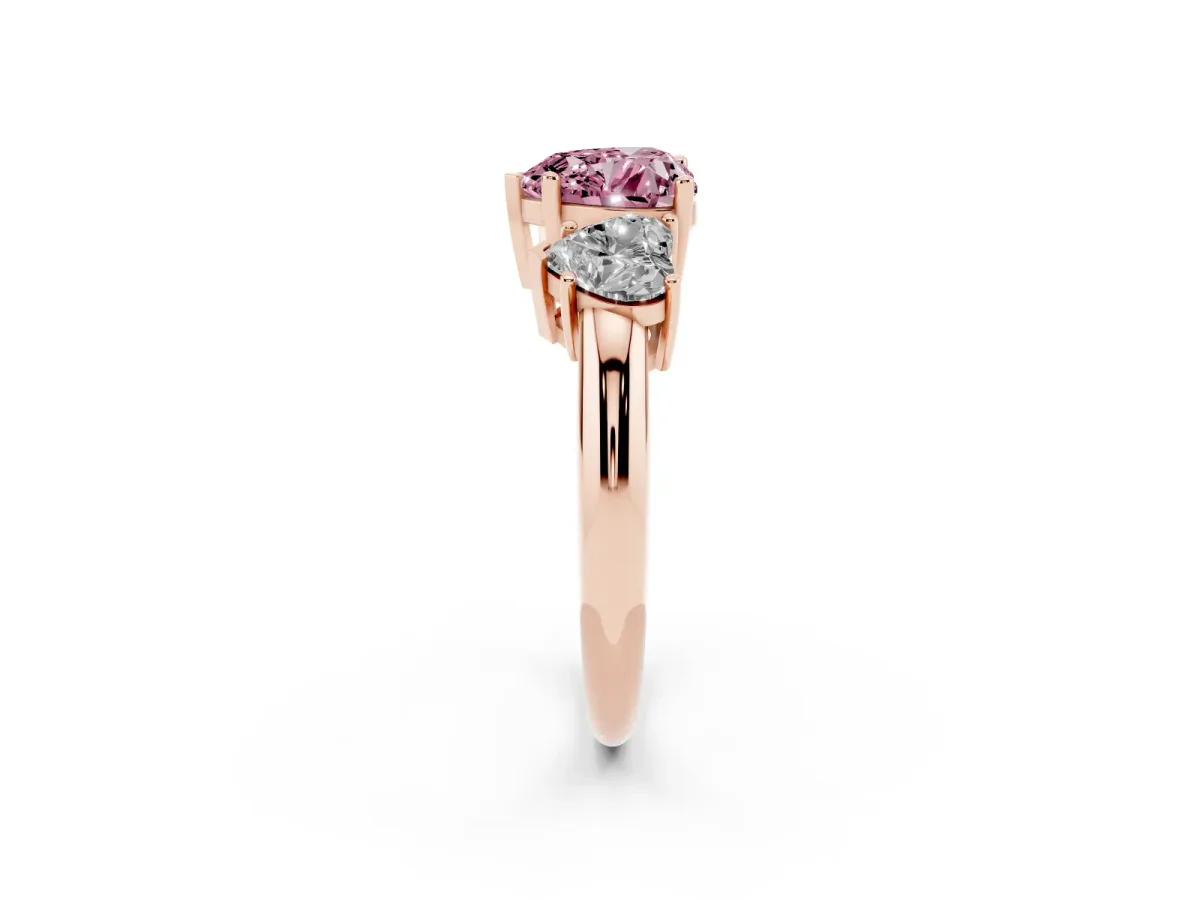 Fancy Pink Three-Stone Heart Cut Cut Diamond Engagement Ring with Prong Setting on a White Gold Band Rose gold