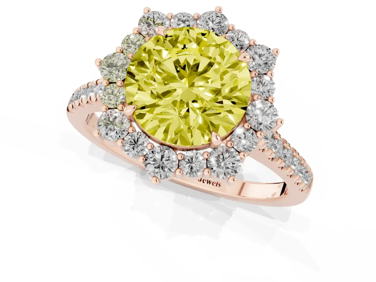 Fancy Yellow Round Cut Halo Diamond Ring with Pavé Band and Prong Setting Rose gold