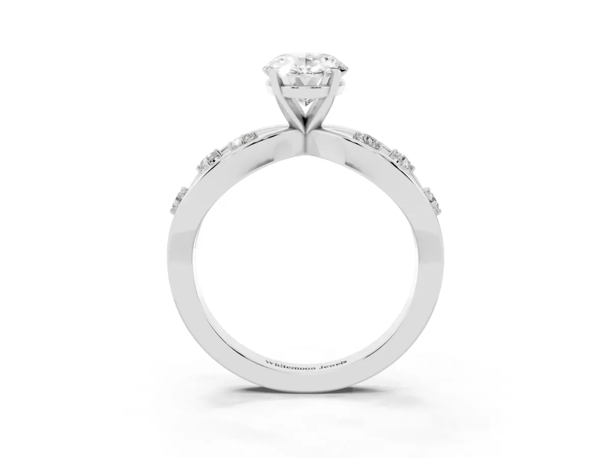 Oval Cut Cut Solitaire Diamond with Side Stones on Criss-Cross Band and Four-Prong Setting Silver