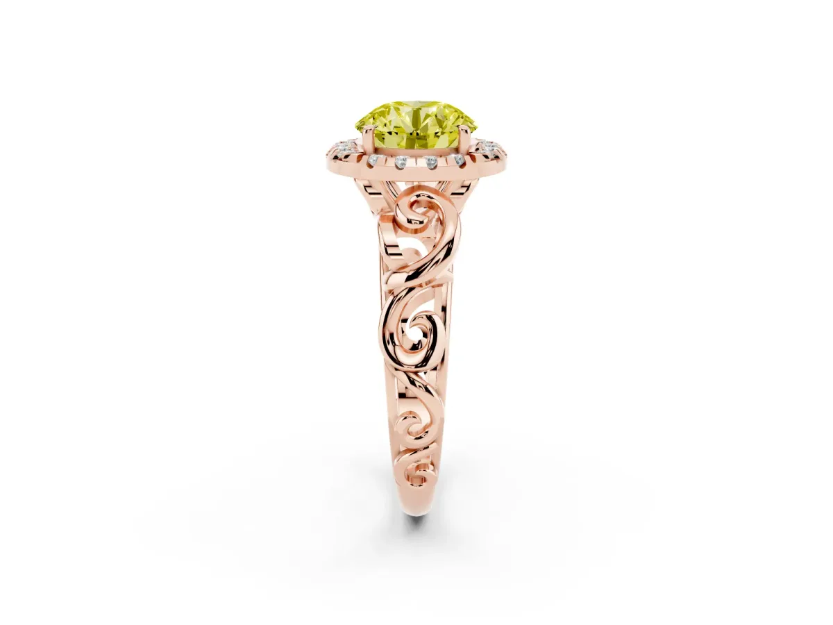Fancy Yellow Round Cut Cut Halo Diamond Ring with Scrollwork Band and Four-Prong Setting Rose gold