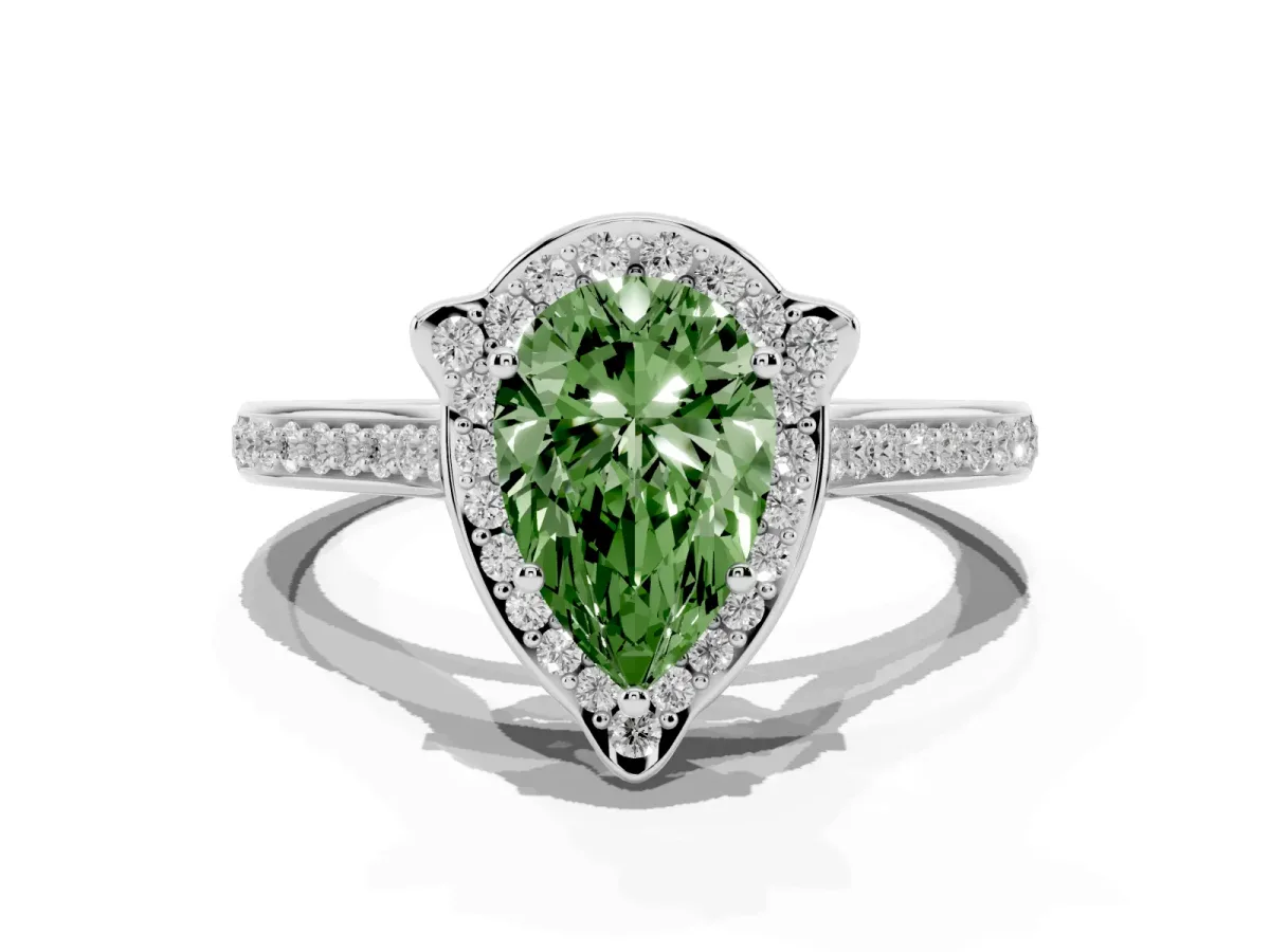 Fancy Green Pear Cut Halo Round Diamond Pave Band with Four-Prong Setting Silver