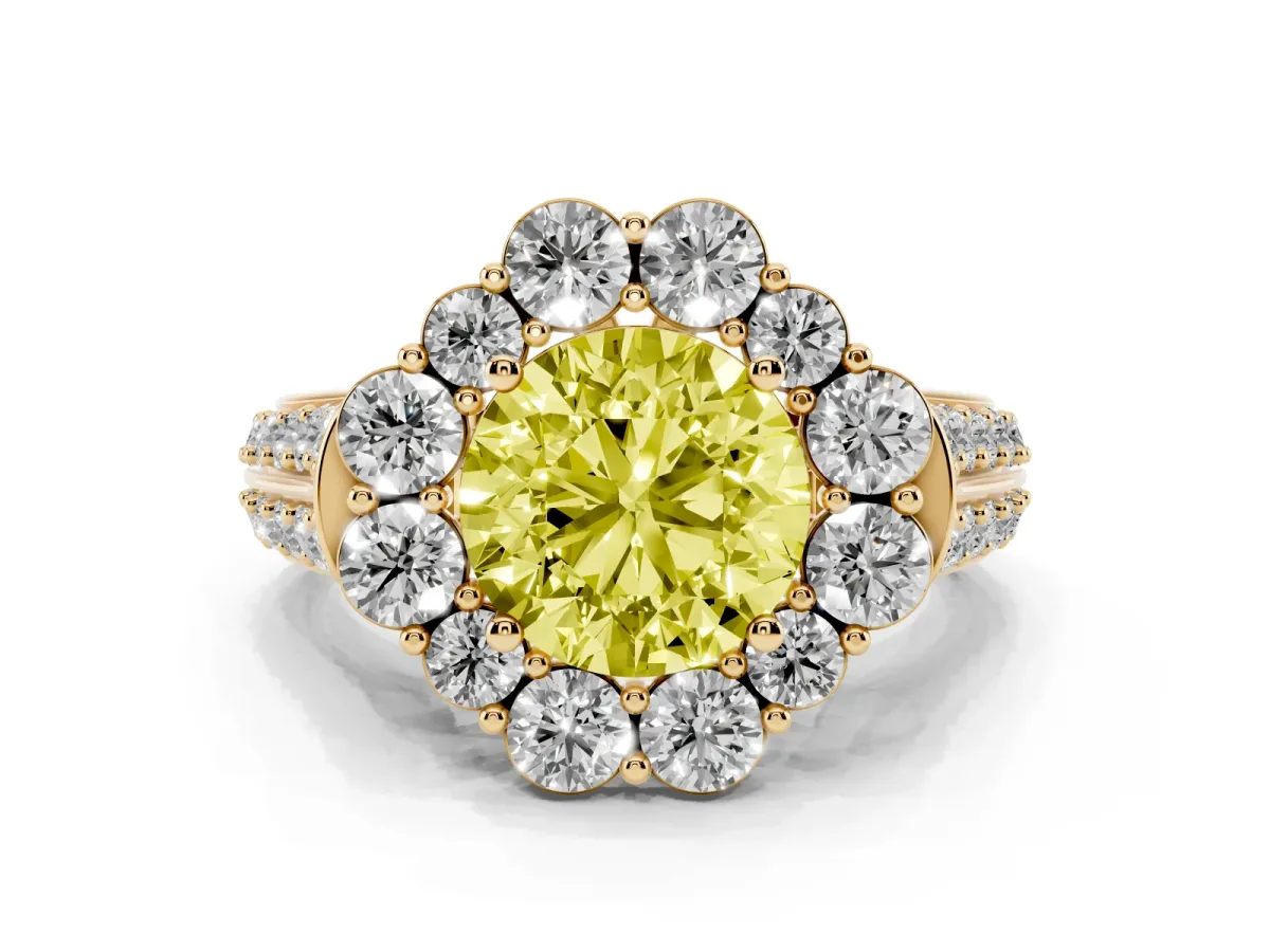 Fancy Yellow Round Cut Halo Diamond Engagement Ring with Split Shank and Prong Setting Yellow gold