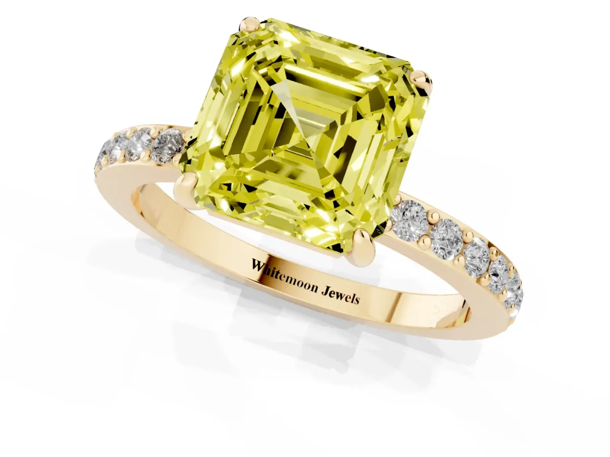 Fancy Yellow Asscher Cut Diamond Pavé Engagement Ring with Round Accents and Prong Setting Yellow gold