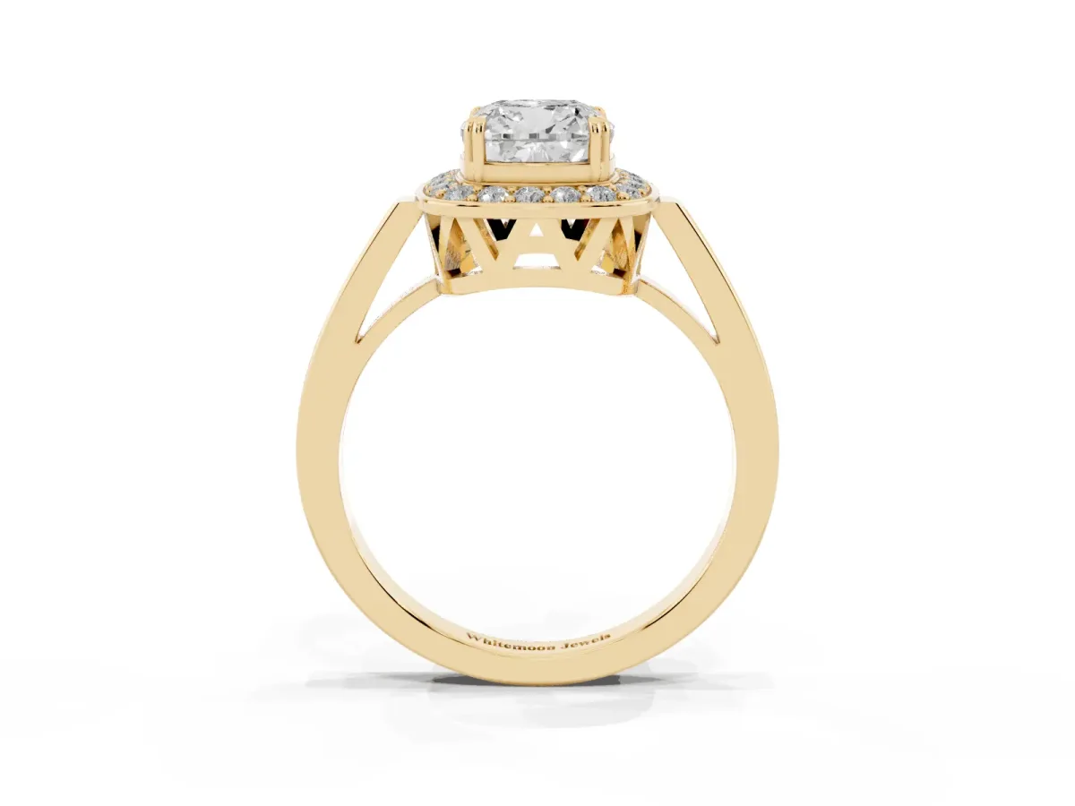 Cushion Cut Diamond Halo Ring with Split Shank and Four-Prong Setting Yellow gold