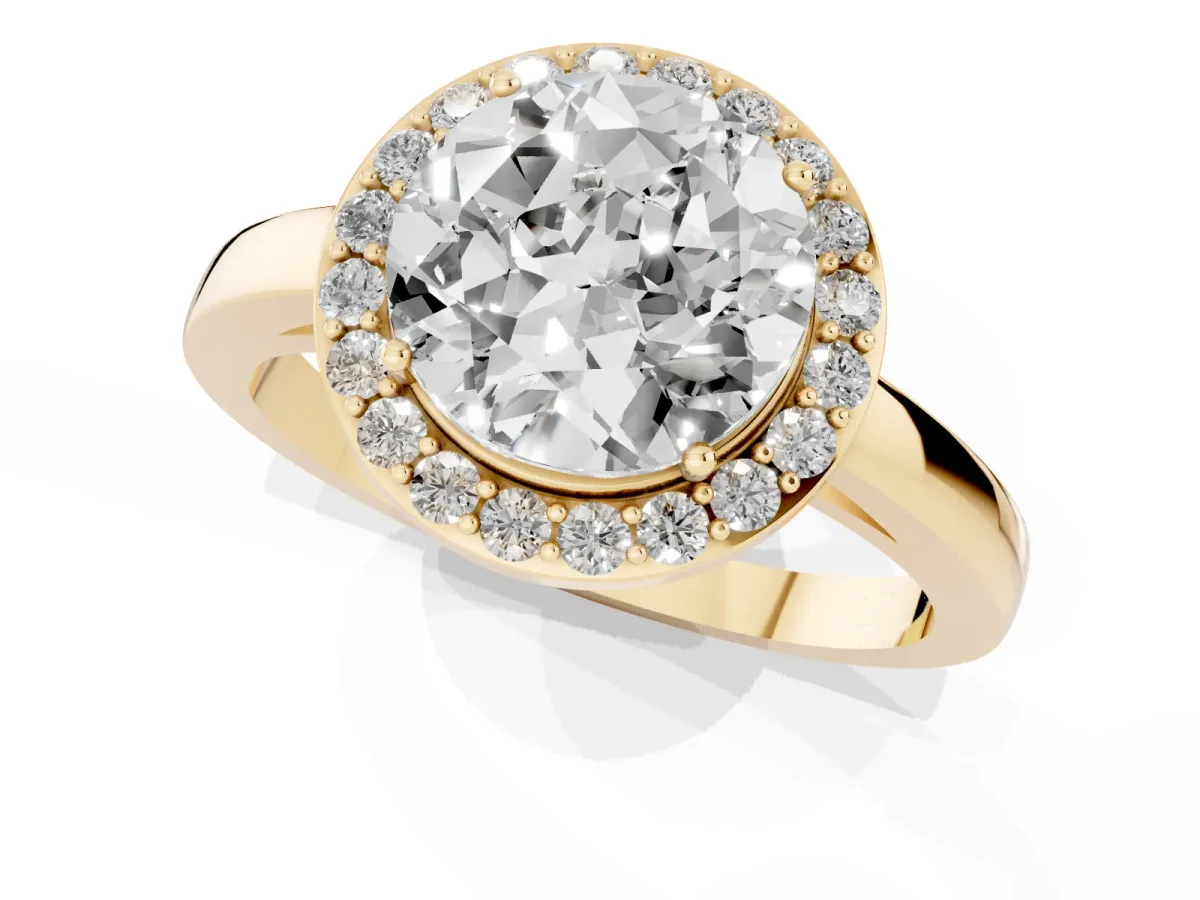 Round Cut Halo Diamond Ring with Solitaire Band and Prong Setting Yellow gold