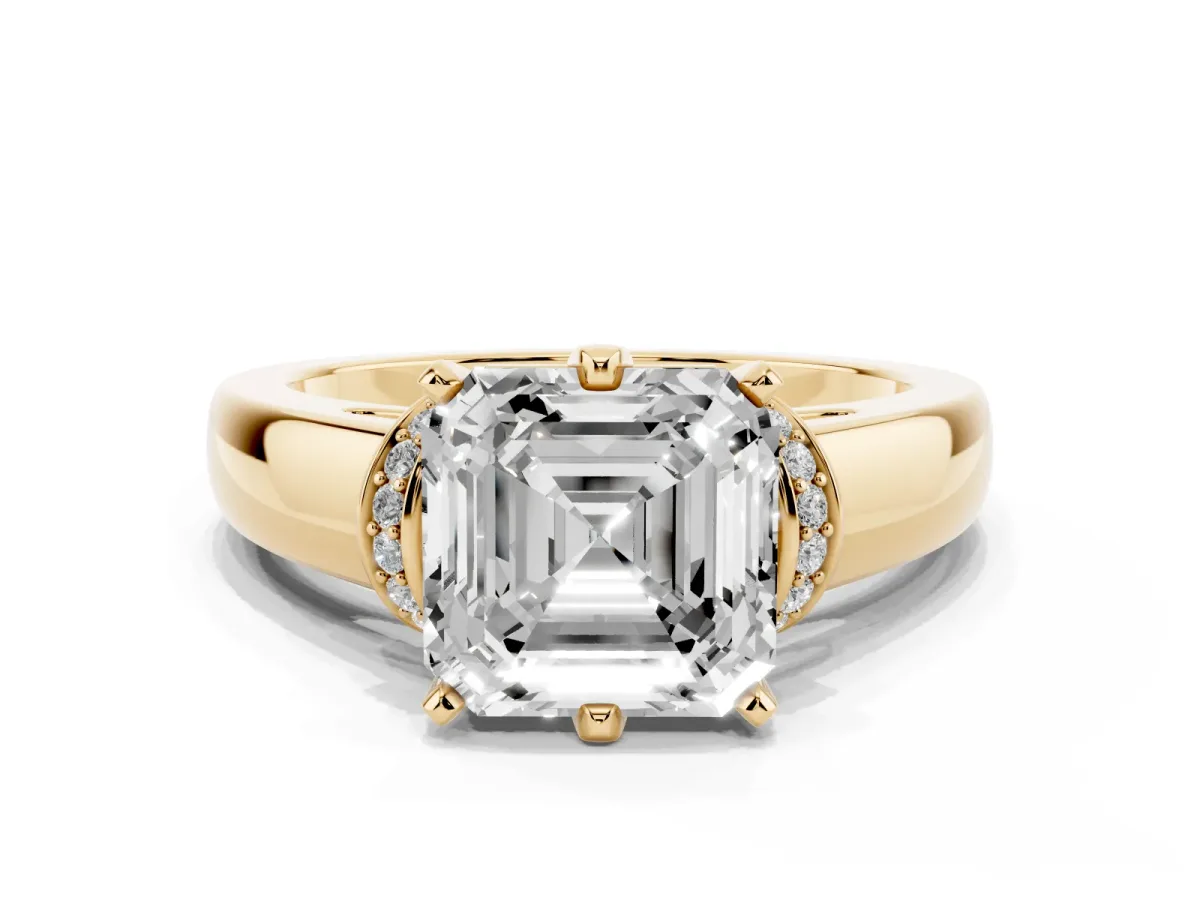 Asscher Cut Solitaire Diamond Ring with Pave Band and Six-Prong Setting Yellow gold