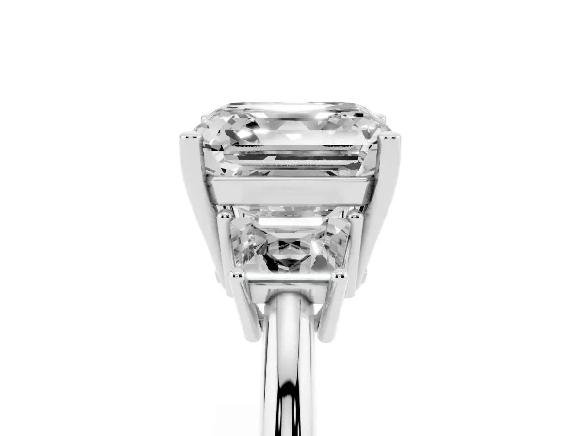 Asscher Cut Diamond Three-Stone Ring with Trapezoid Side Stones and Prong Setting Silver