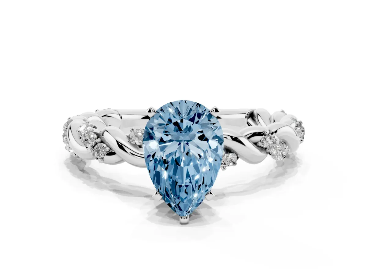 Fancy Blue Pear Cut Diamond Solitaire Ring with Twisted Band and Pavé Accents Silver