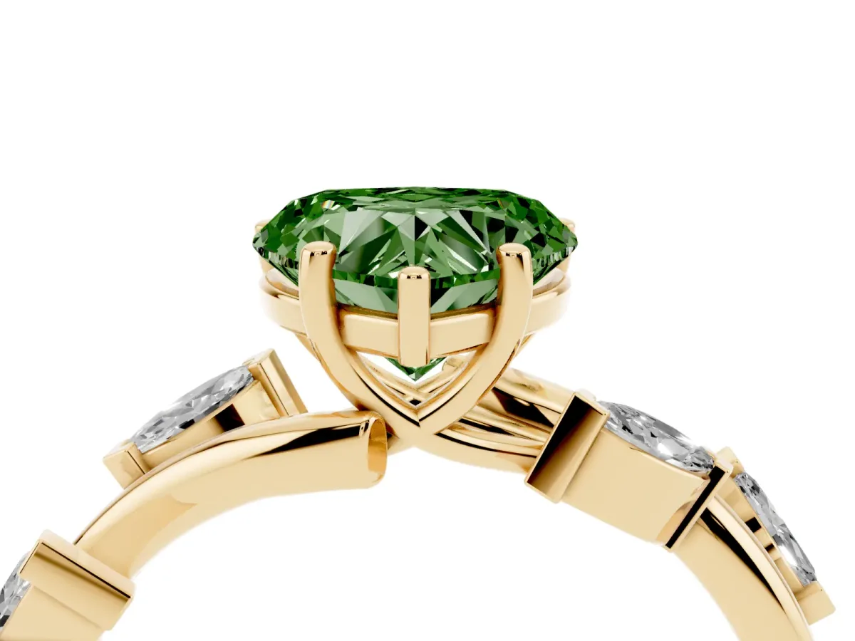 Fancy Green Heart Cut Solitaire Twisted Band Marquise Accent Prong Setting Ring Yellow gold