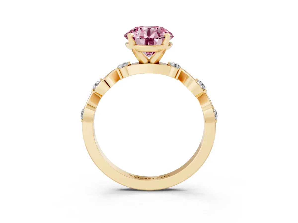 Fancy Pink Round Cut Diamond Solitaire Twisted Band with Round Accents and Prong Setting Yellow gold