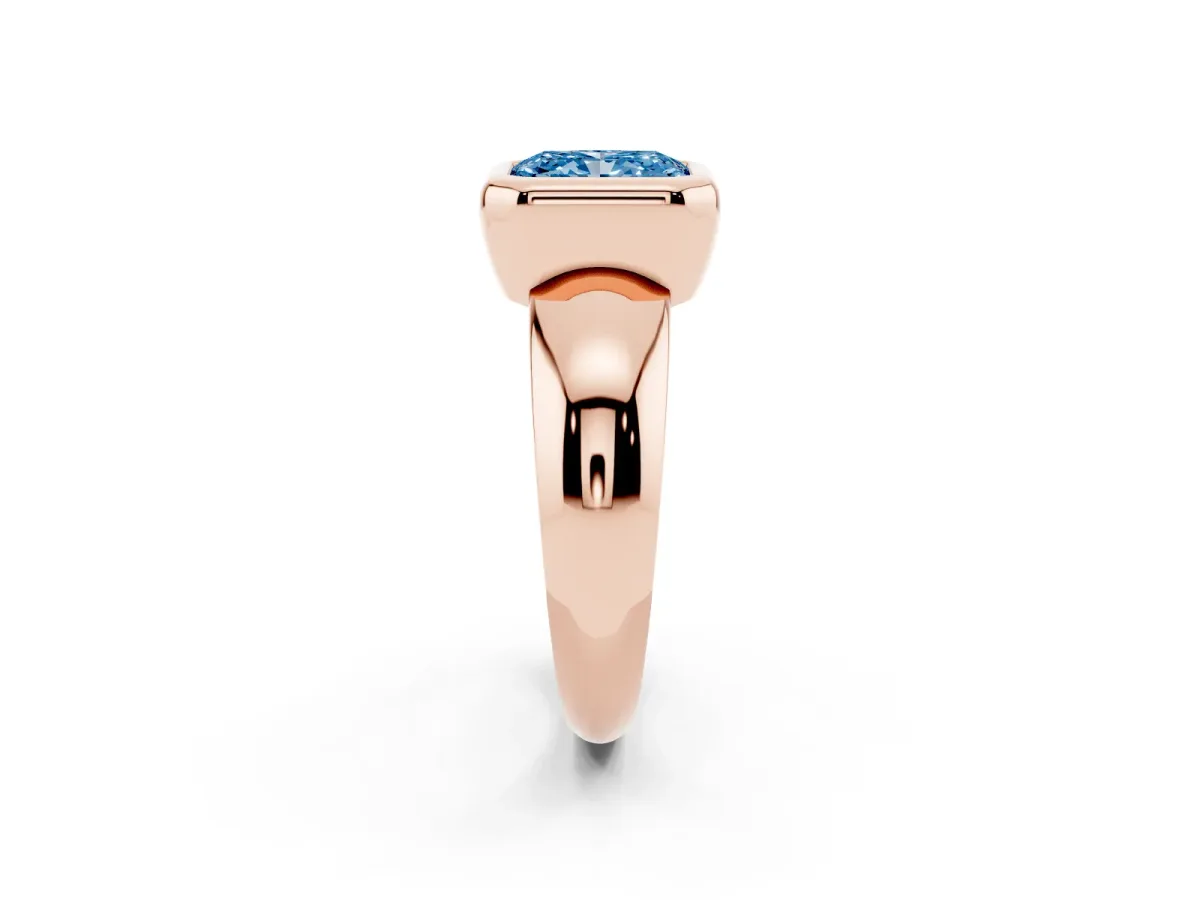 Fancy Blue Bezel Set Radiant Cut Solitaire Ring with Wide Band Rose gold