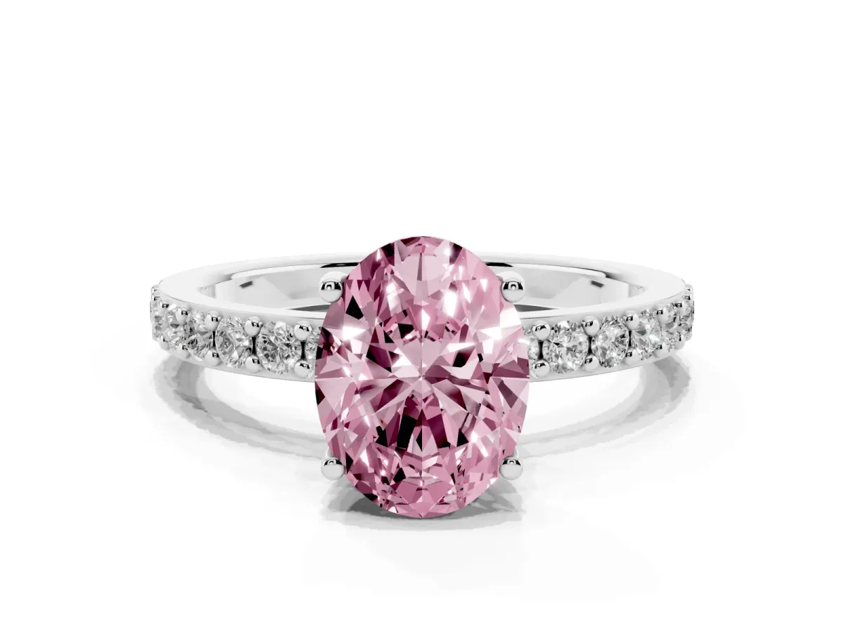 Fancy Pink Oval Cut Cut Diamond Solitaire with Pave Band and Four-Prong Setting Silver