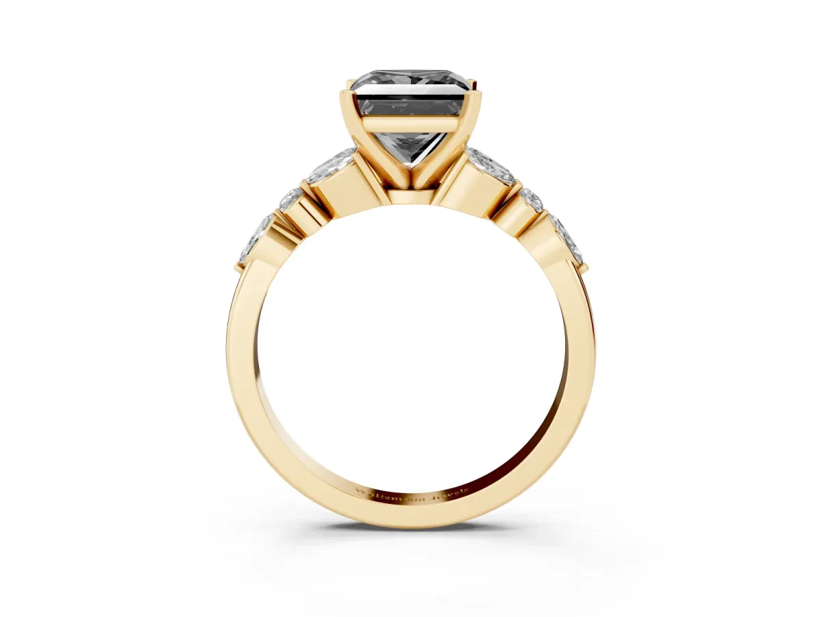 Fancy Black Princess Cut Diamond Solitaire Ring with Side Stones and Four-Prong Setting Yellow gold