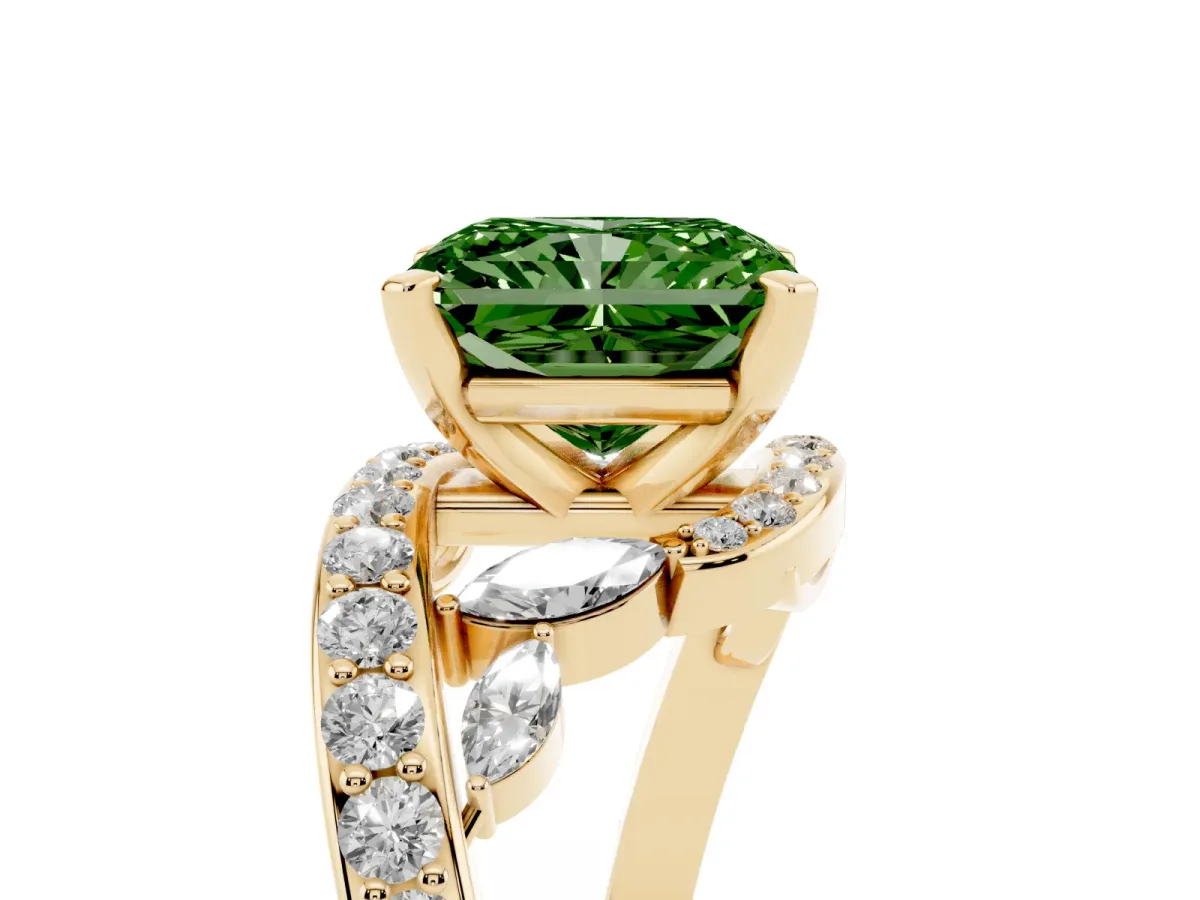 Fancy Green Radiant Cut Solitaire with Pavé Twist Band and Four-Prong Setting Yellow gold