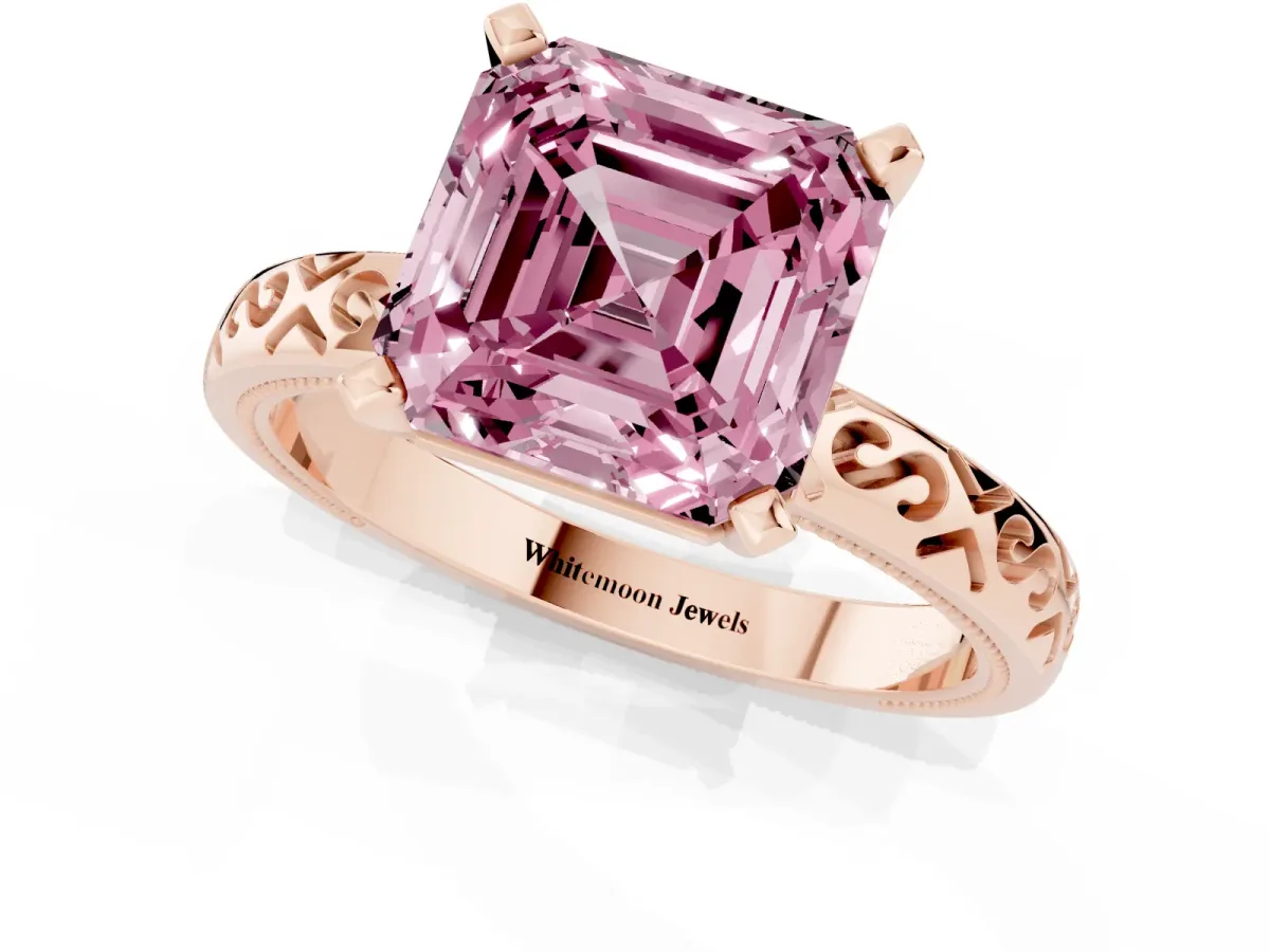 Fancy Pink Asscher Cut Solitaire Engagement Ring with Scrollwork Band and Four-Prong Setting Rose gold