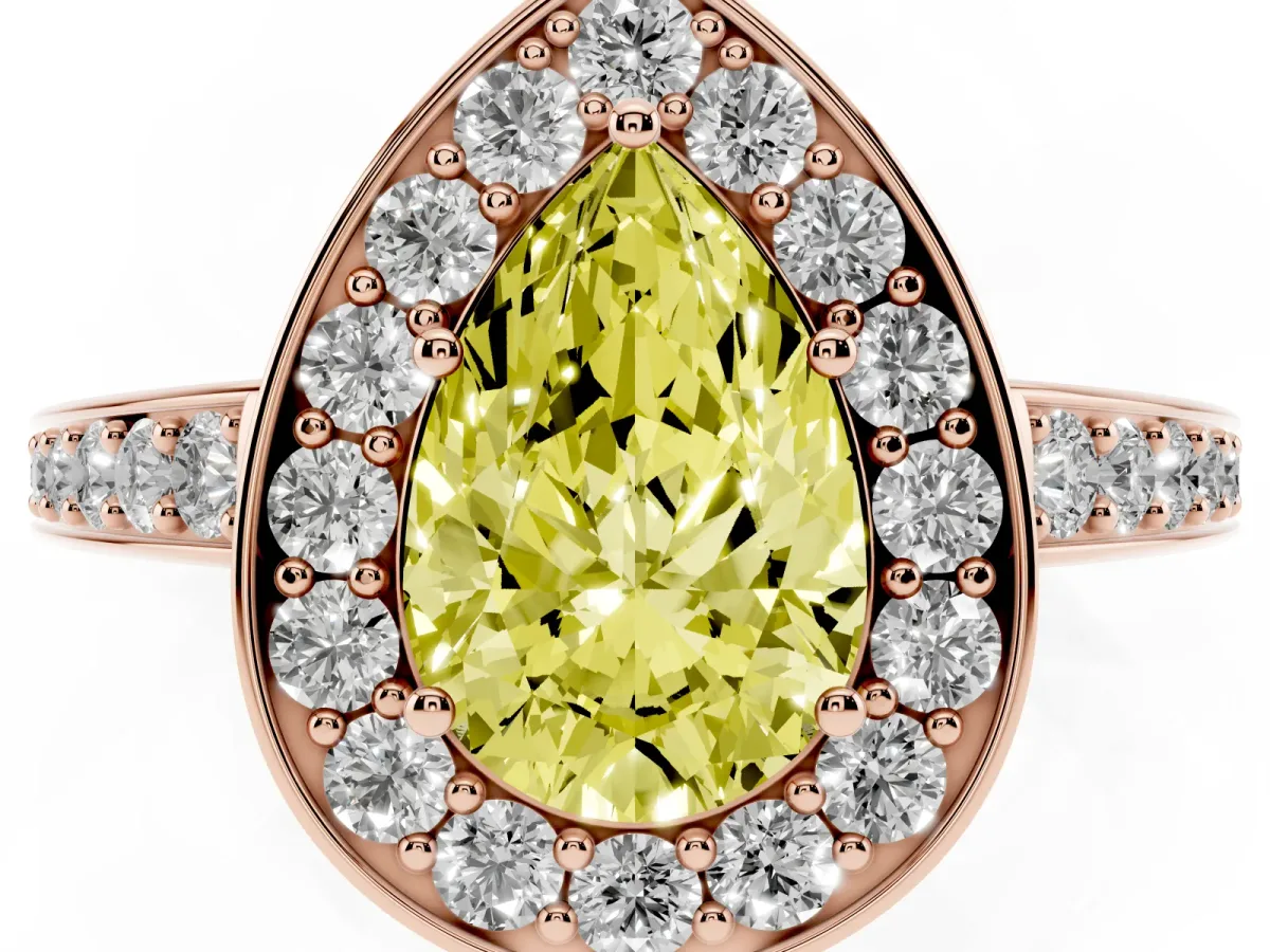 Fancy Yellow Pear Cut Halo Pavé Diamond Engagement Ring with Bezel Setting Rose gold