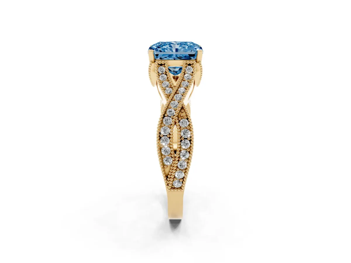 Fancy Blue Radiant Cut Cut Diamond Twisted Band with Milgrain Pave Setting and Four-Prong Setting Yellow gold