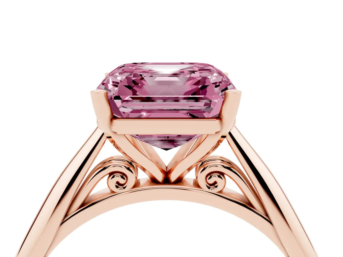 Fancy Pink Asscher Cut Diamond Solitaire Engagement Ring with Cathedral Setting and Four-Prong Mount Rose gold