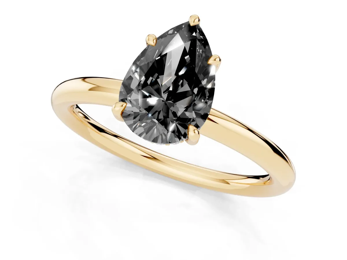 Fancy Black Pear Cut Diamond Solitaire Ring with Thin Band and Four-Prong Setting Yellow gold