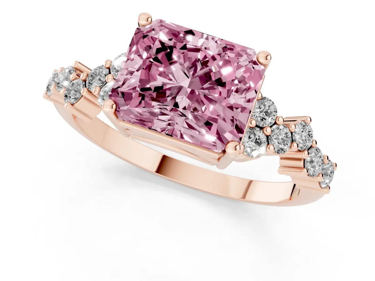 Fancy Pink Radiant Cut Diamond Scattered Round Accent Ring with Prong Setting Rose gold