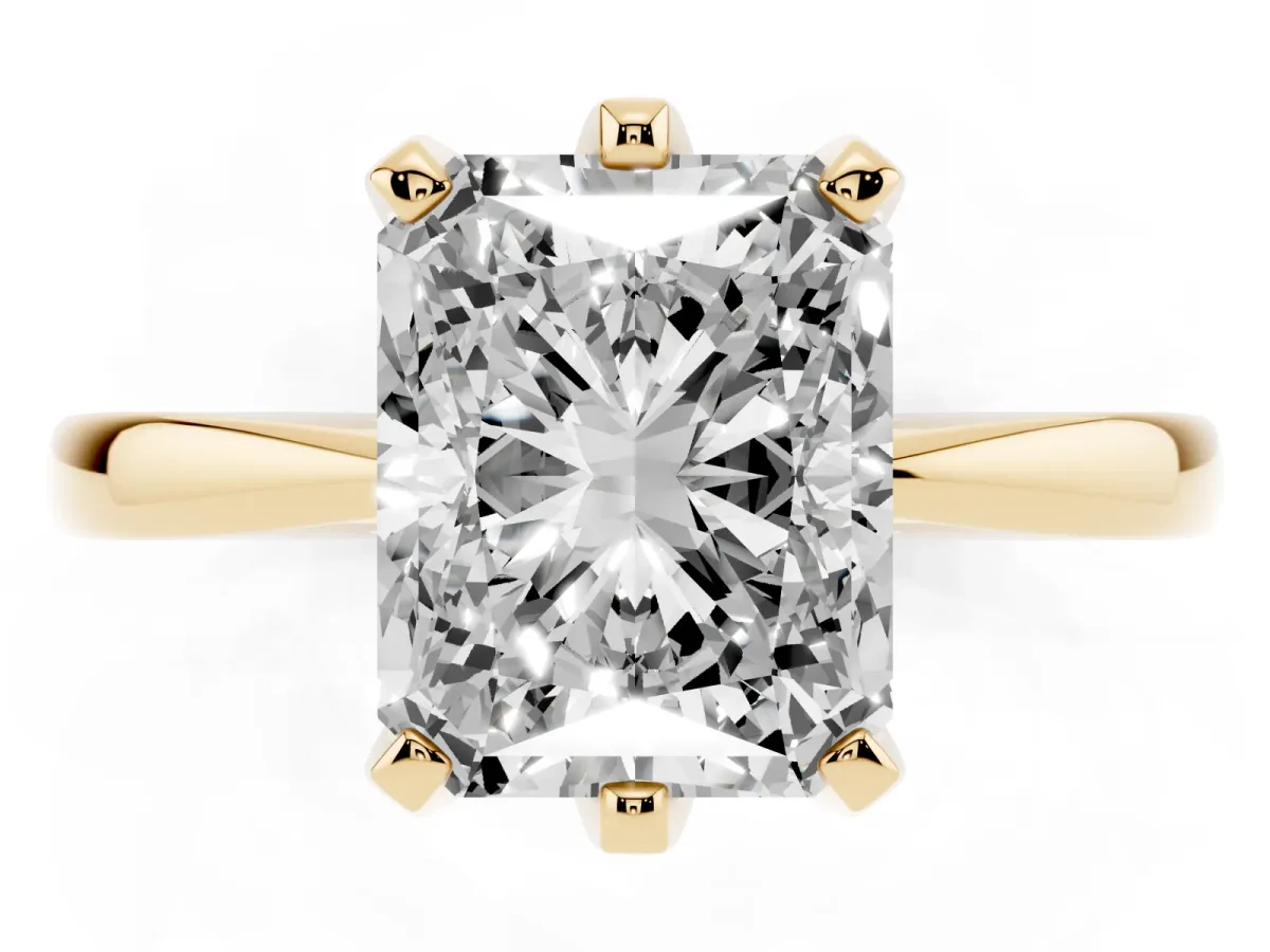 Radiant Cut Solitaire Engagement Ring with Six-Prong Setting and Tapered Band Yellow gold