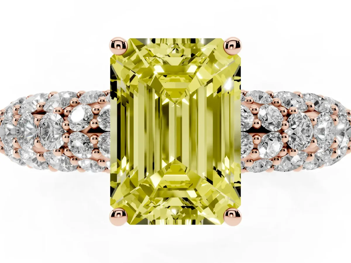 Fancy Yellow Emerald Cut Diamond Pavé Band Solitaire Ring with Four-Prong Setting Rose gold