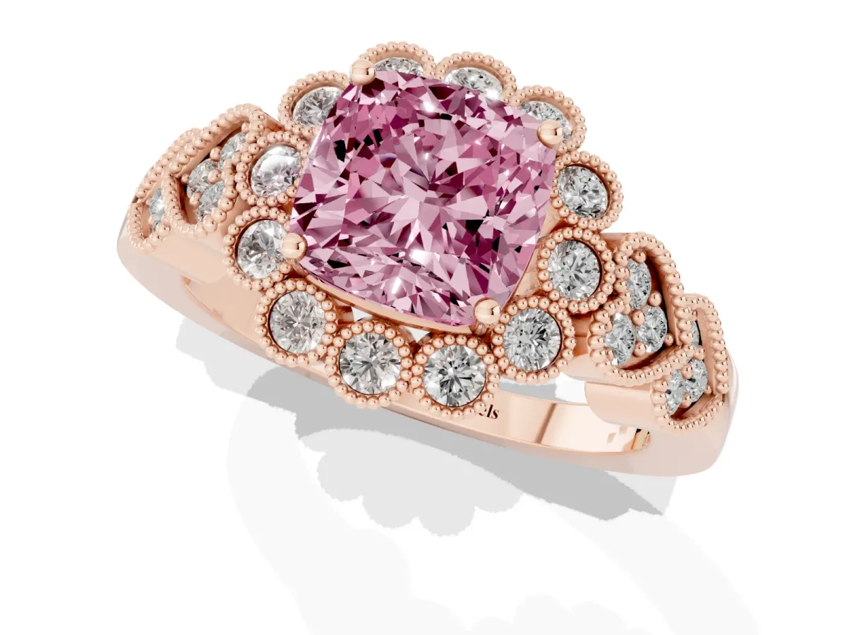 Fancy Pink Cushion Cut Brilliant Milgrain Pave Heart Band Solitaire Ring Rose gold