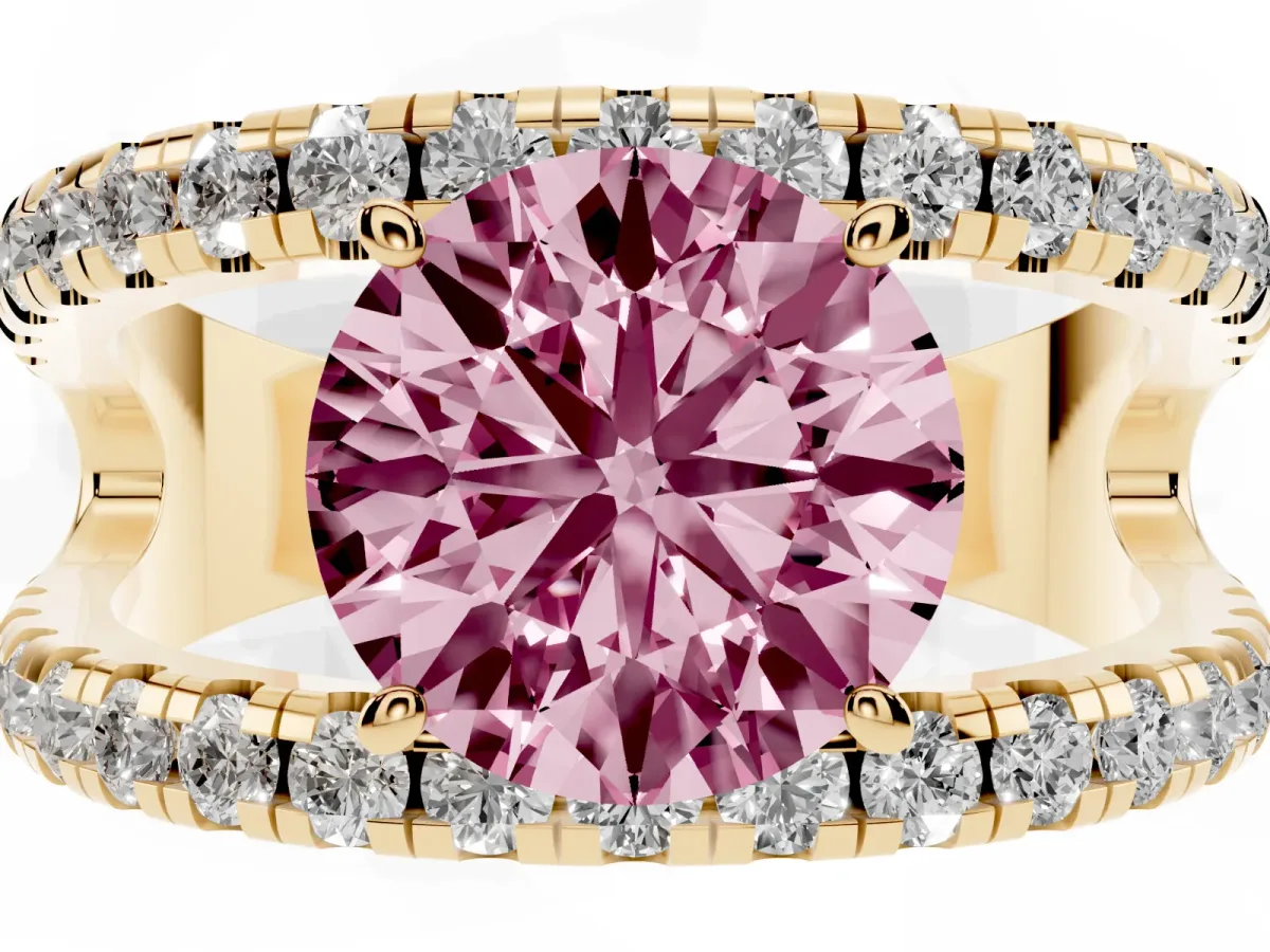 Fancy Pink Round Cut Solitaire Split Shank Pave Diamond Ring Yellow gold