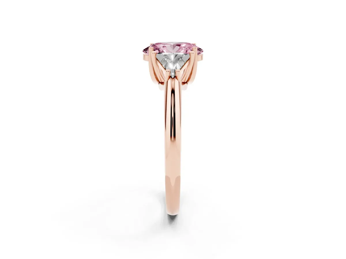 Fancy Pink Three-Stone Oval Cut Diamond Engagement Ring with Trillion Side Stones and Prong Setting Rose gold