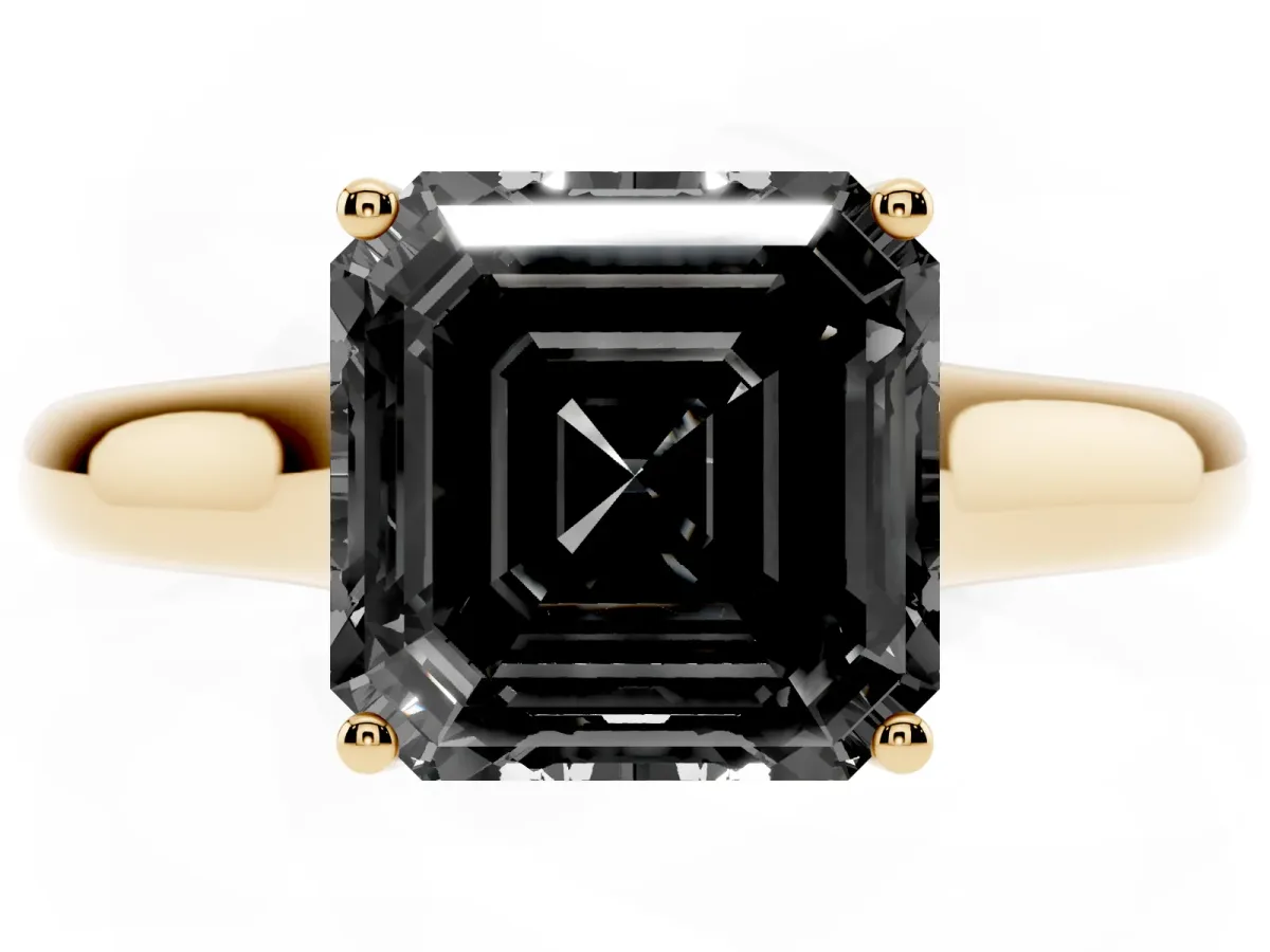 Fancy Black Asscher Cut Solitaire Engagement Ring with Tapered Band and Four-Prong Setting Yellow gold