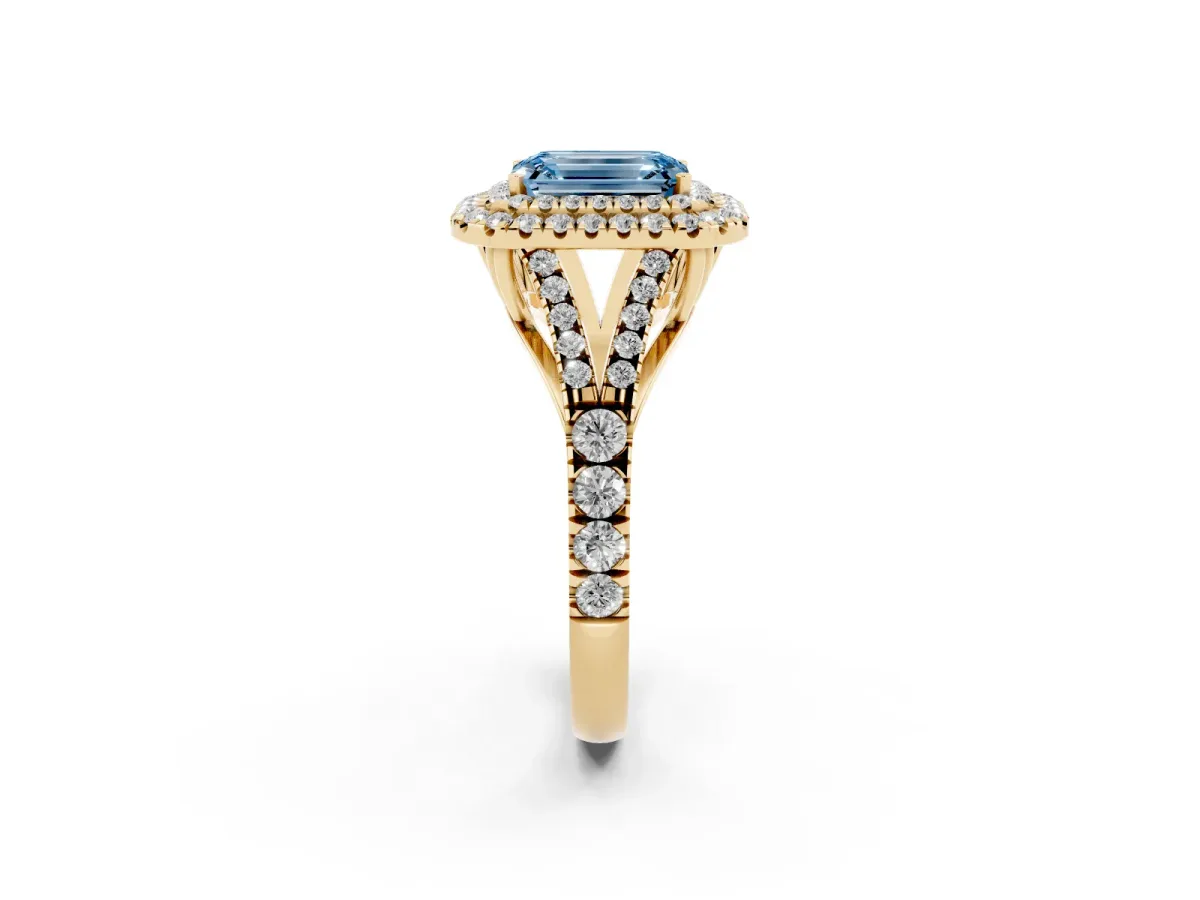 Fancy Blue Emerald Cut Diamond Pavé Split Shank Double Halo Engagement Ring Yellow gold