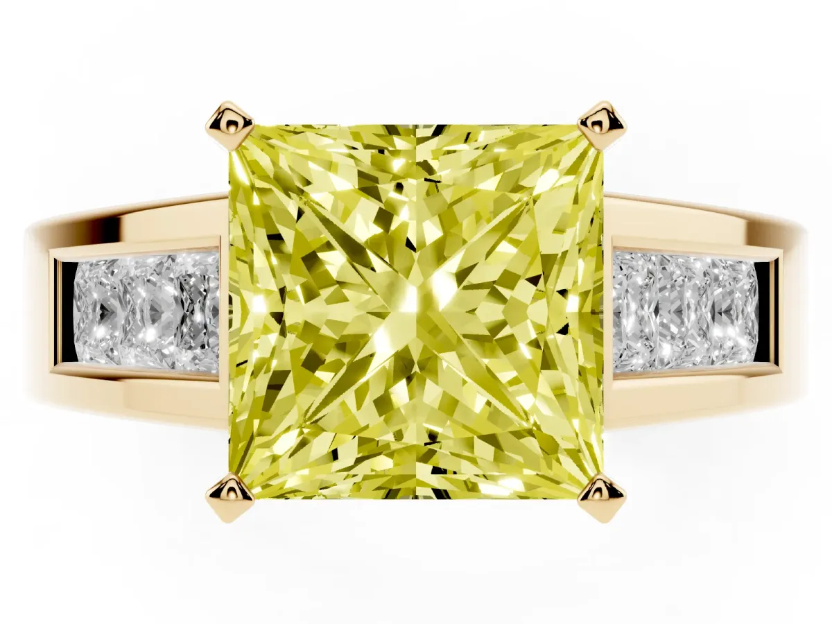 Fancy Yellow Princess Cut Cut Channel Set Solitaire Ring with Four-Prong Setting Yellow gold