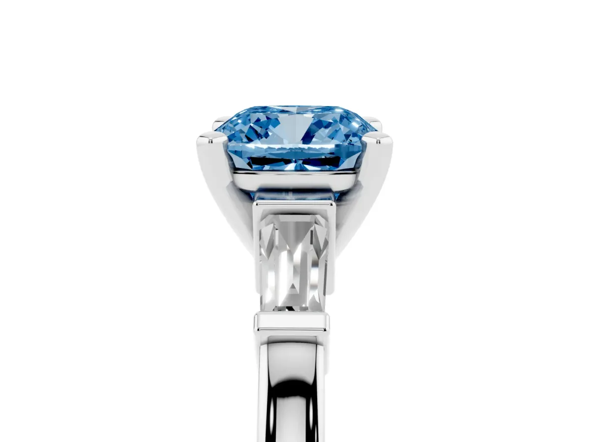 Fancy Blue Cushion Cut Cut Diamond Solitaire Ring with Tapered Baguette Accents and Four-Prong Setting Silver