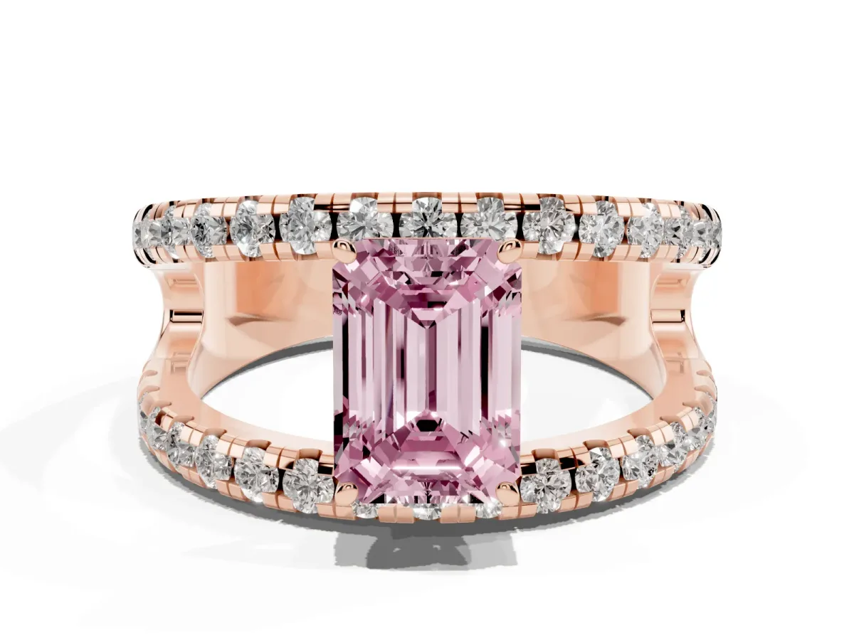 Fancy Pink Emerald Cut Solitaire Split Shank Pave Diamond Ring Rose gold
