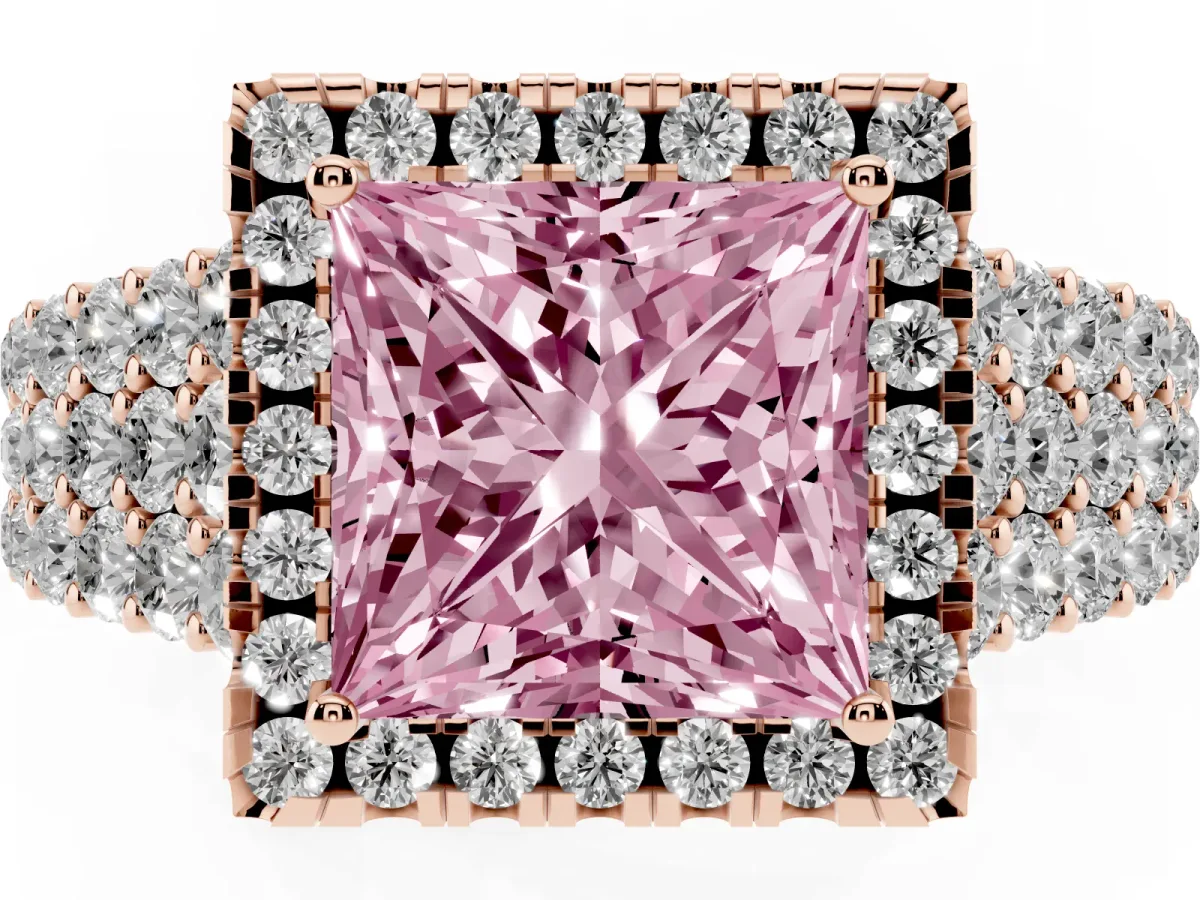 Fancy Pink Princess Cut Diamond Halo Engagement Ring with Triple Row Round Pavé Band and Prong Setting Rose gold