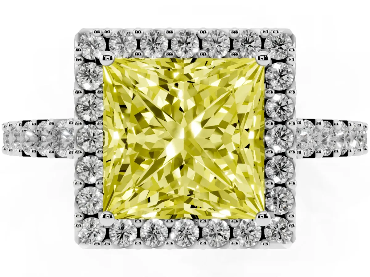 Fancy Yellow Princess Cut Halo Diamond Pavé Solitaire Ring Platinum