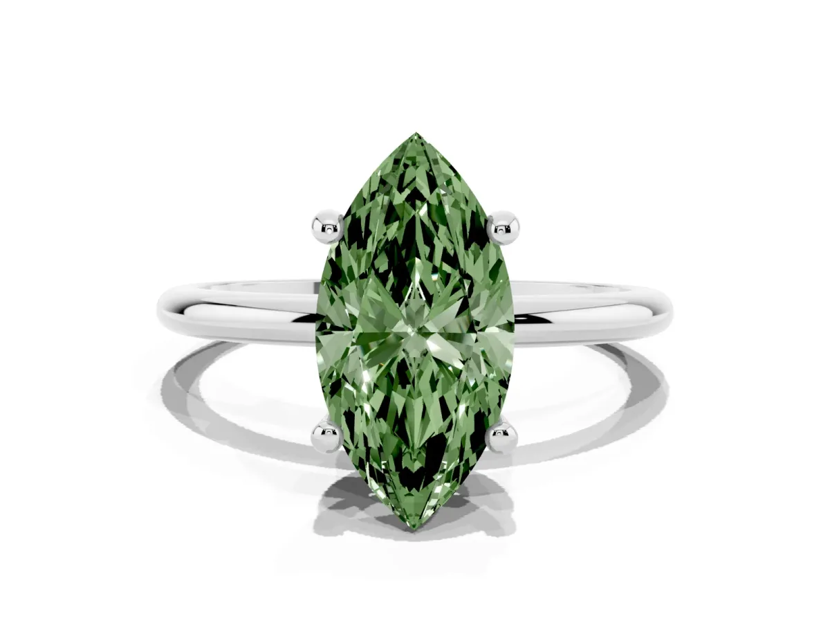 Fancy Green Marquise Cut Solitaire Diamond Ring with 4-Prong Setting on a Classic Band Platinum