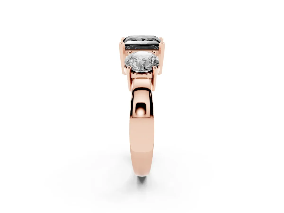 Fancy Black Three-Stone Princess Cut Diamond Ring with Round Side Stones, Classic Band, and Four-Prong Setting Rose gold
