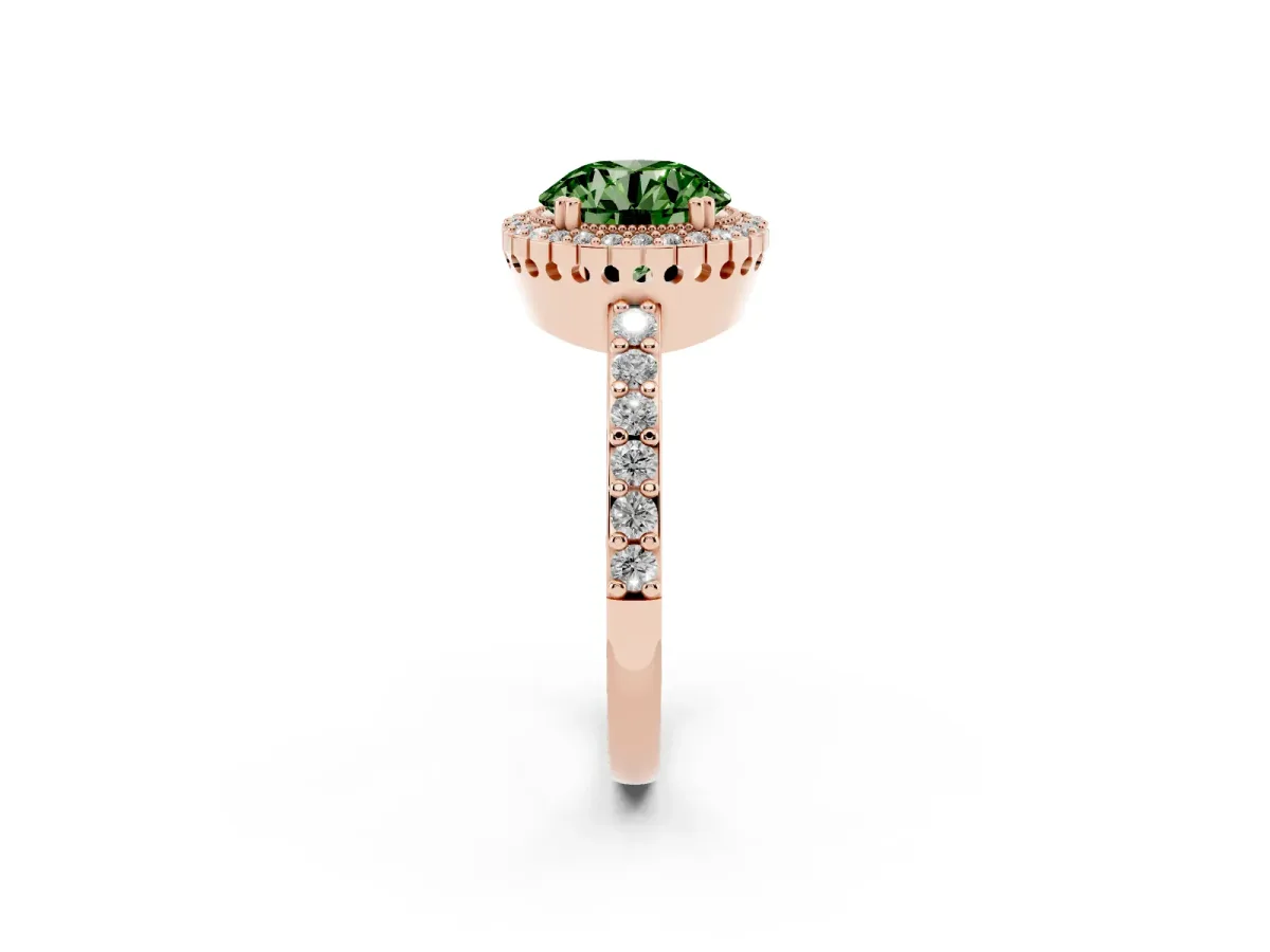 Fancy Green Round Cut Cut Diamond Halo Engagement Ring with Milgrain Detail and Pavé Band Rose gold