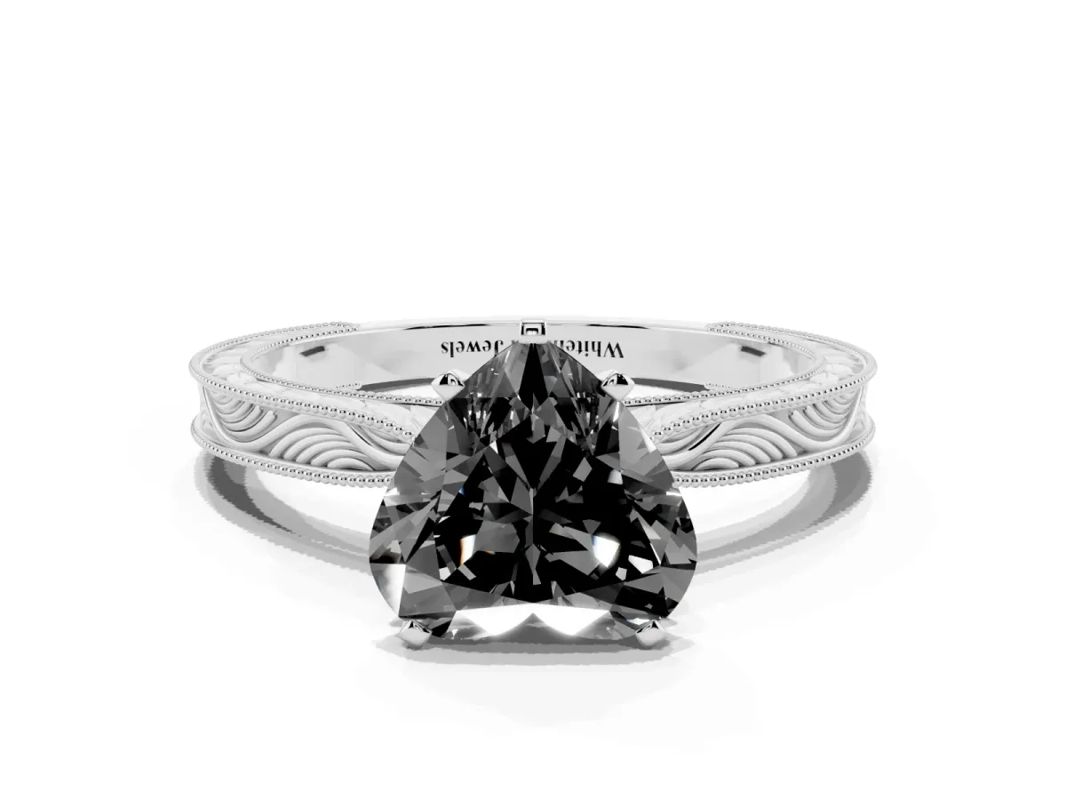 Fancy Black Heart Cut Solitaire Milgrain Engraved Band with Four-Prong Setting Silver