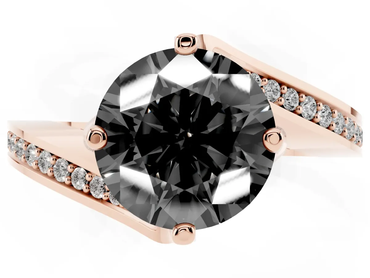 Fancy Black Round Cut Solitaire Diamond Twist Band with Pavé Setting and Four-Prong Setting Rose gold