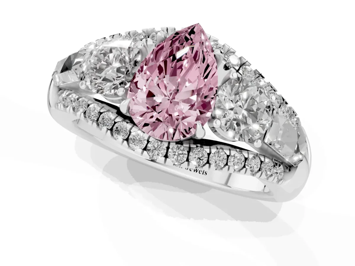 Fancy Pink Three-Stone Pear Cut Diamond Engagement Ring with Pave Band and Prong Setting Silver