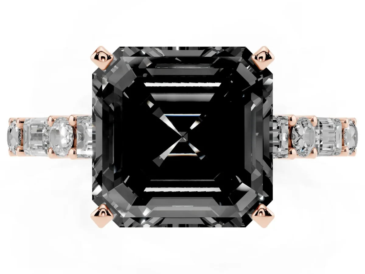 Fancy Black Asscher Cut Diamond Solitaire with Side Baguettes and Channel Set Band Rose gold