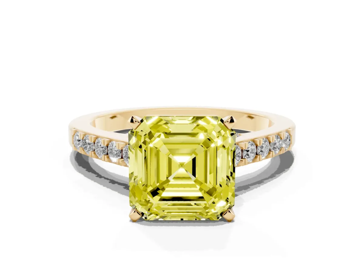 Fancy Yellow Asscher Cut Diamond Solitaire Ring with Crossover Gallery and Round Pavé Band Yellow gold