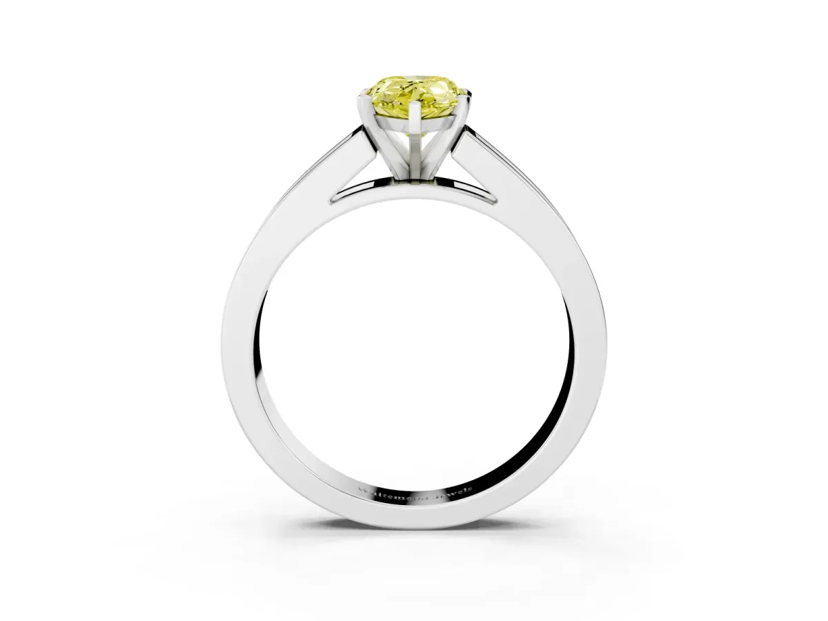 Fancy Yellow Pear Cut Solitaire Diamond Ring with Channel-Set Band and Four-Prong Setting Silver