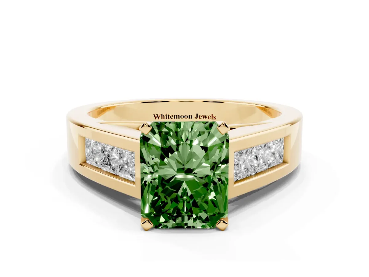 Fancy Green Radiant Cut Cut Channel Set Solitaire Ring with Four-Prong Setting Yellow gold