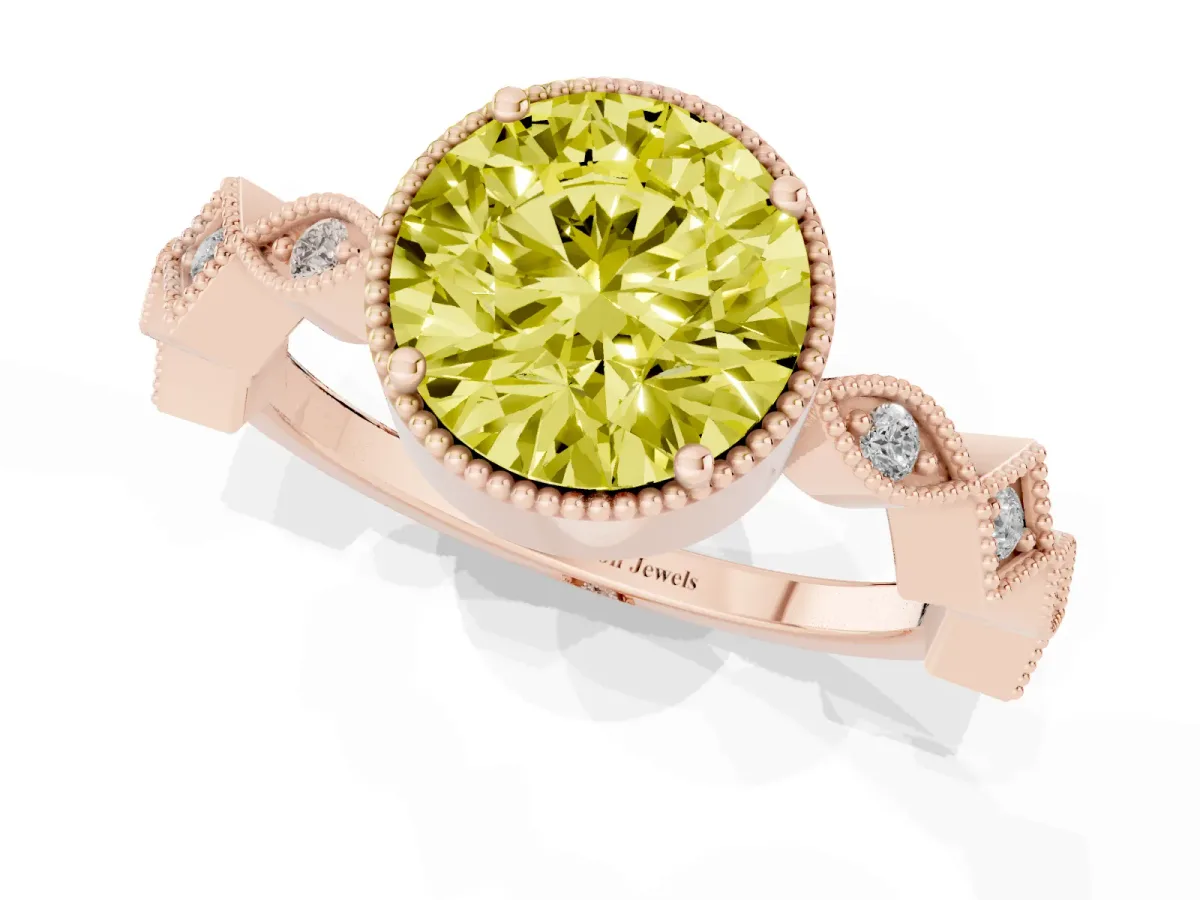 Fancy Yellow Round Cut Milgrain Marquise Diamond Twist Band Ring Rose gold