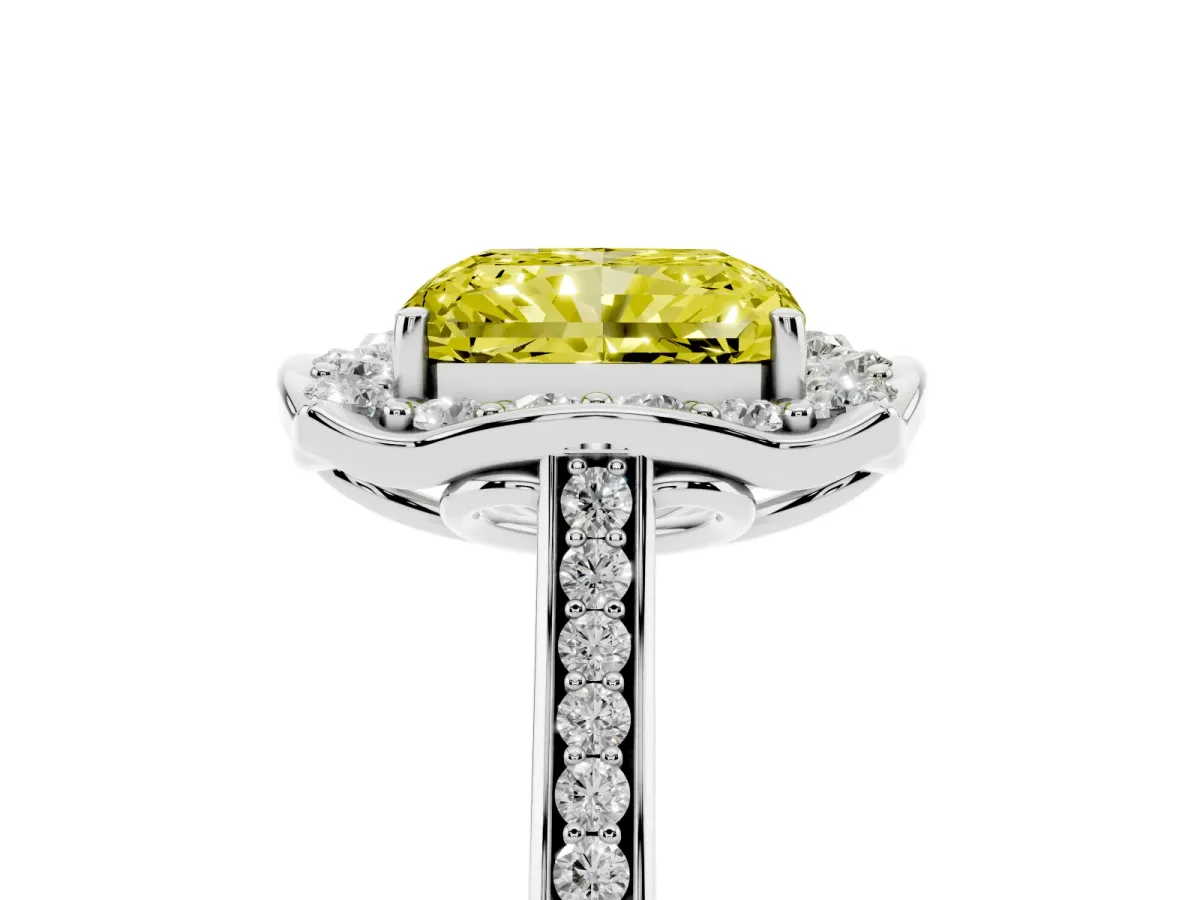 Fancy Yellow Radiant Cut Halo Round Diamond Pave Band with Four-Prong Setting Platinum