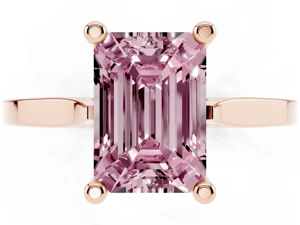 Fancy Pink Emerald Cut Solitaire Diamond Ring with Four-Prong Setting and Tapered Band Rose gold
