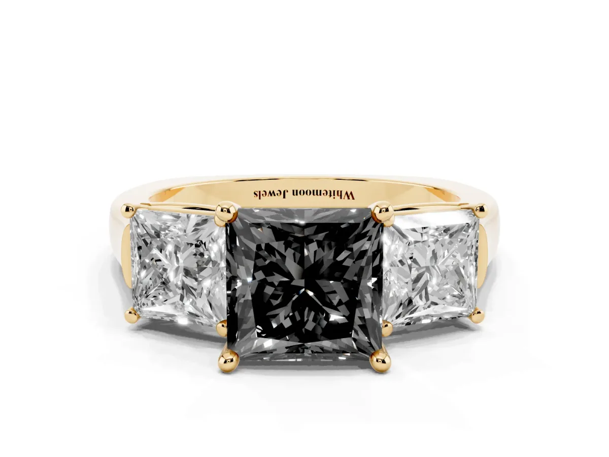 Fancy Black Three-Stone Princess Cut Brilliant Diamond Trellis Ring with Comfort Fit Band Yellow gold